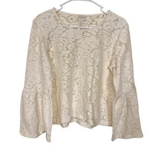 Chico’s Lace Bell Sleeve Top Ivory Sheer Knit Blouse Romantic Boho Size 1 (MED)